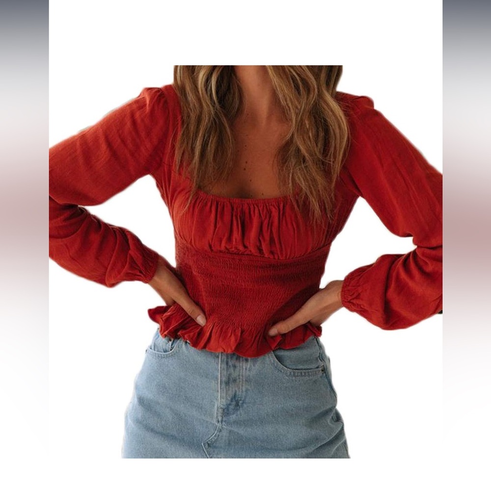 Burnt orange Smocked Ruffled peasant Blouse with Long Sleeves